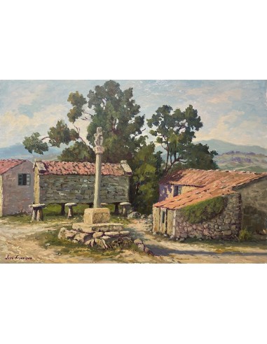 José Francisco Pérez Martínez (A Coruña, 1907-1985). Aldea. Óleo sobre tabla.