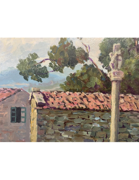 José Francisco Pérez Martínez (A Coruña, 1907-1985). Aldea. Óleo sobre tabla.