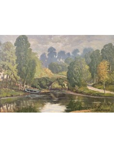 José Francisco Pérez Martínez (A Coruña, 1907-1985). Puente Romano. Óleo sobre tabla. 2