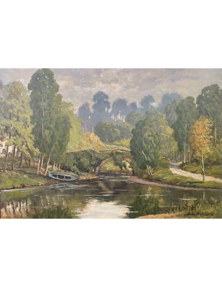 José Francisco Pérez Martínez (A Coruña, 1907-1985). Puente Romano. Óleo sobre tabla.