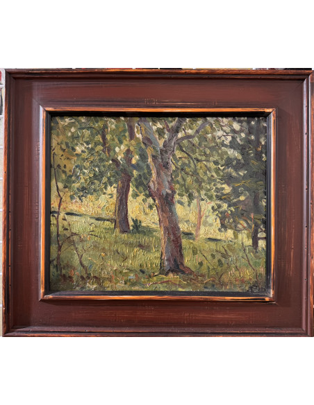 Tenreiro Brochón , Antonio (A Coruña, 1923 - 2006). Castaño de la finca de Esteiro. Óleo sobre tabla.