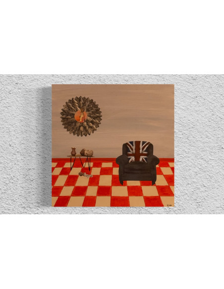 Mónica Coto. Notas musicales derramadas en el suelo del salón. Mixta sobre tabla.