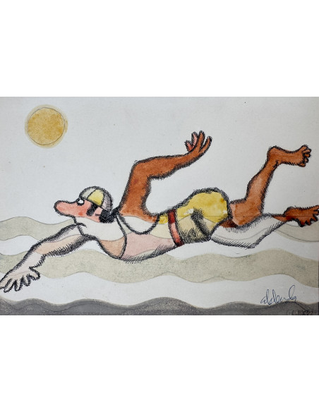 Abelenda, Alfonso (A Coruña, 1931 - 2019). Natación. Mixta sobre cartulina.