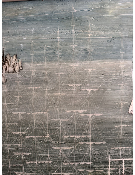 Lugrís Vadillo , Urbano . (Vigo,1942 - A Coruña,2018). S/t.. Óleo sobre tabla.