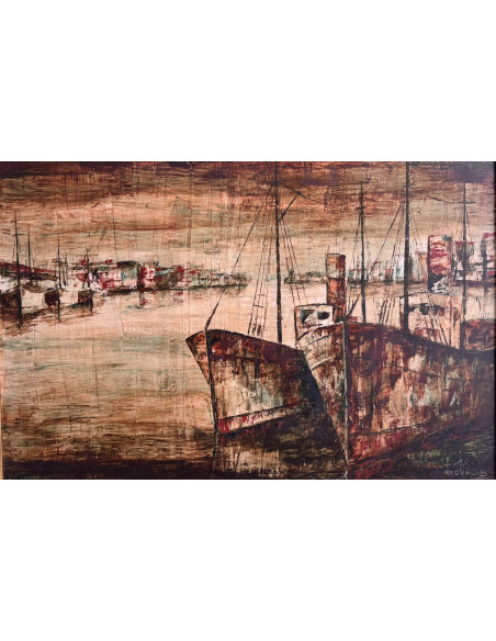 Argüelles , Julio Fernández . (Astorga, León, 1923- A Coruña, 2002). Marina. Técnica mixta sobre táblex