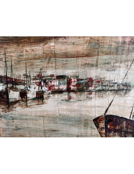 Argüelles , Julio Fernández . (Astorga, León, 1923- A Coruña, 2002). Marina. Técnica mixta sobre táblex