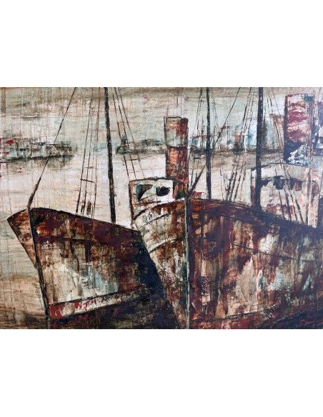 Argüelles , Julio Fernández . (Astorga, León, 1923- A Coruña, 2002). Marina. Técnica mixta sobre táblex