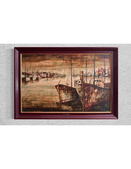 Argüelles , Julio Fernández . (Astorga, León, 1923- A Coruña, 2002). Marina. Técnica mixta sobre táblex