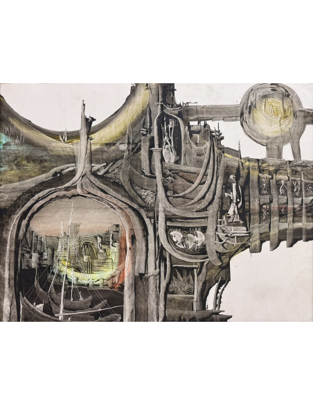 Lugrís Vadillo , Urbano . (Vigo,1942 - A Coruña,2018). Composición. Óleo sobre cartulina.