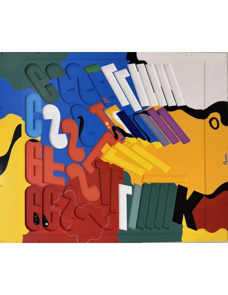 Julio Pereira (Venezuela, 1969). Abstracción 28. Materiales reciclados policromados.