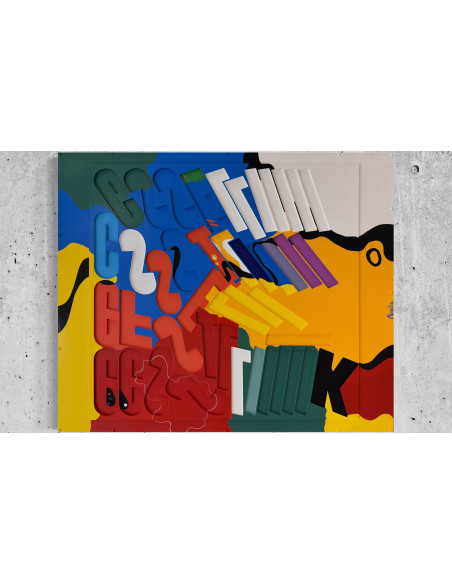 Julio Pereira (Venezuela, 1969). Abstracción 28. Materiales reciclados policromados.