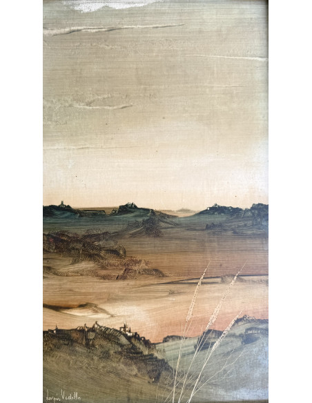Lugrís Vadillo , Urbano . (Vigo,1942 - A Coruña,2018). Composición. Óleo sobre tabla.