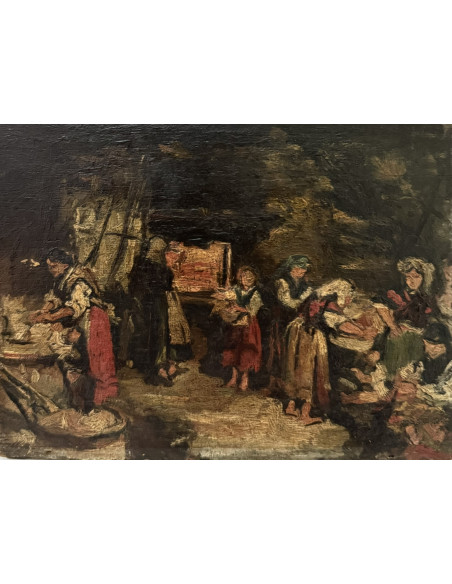 Atribuido a Jenaro Carrero Fernández (Noia 1874–Santiago de Compostela 1902). Panadeiras de Meira. Óleo sobre tabla.