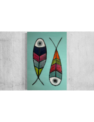 Mónica Coto. Peces de la mar salada. Acrílico sobre tabla.