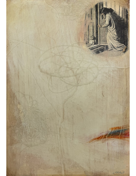 Murado, Antonio (Lugo, 1964). A MONECA. Oleo, lápiz e impresión sobre tabla.