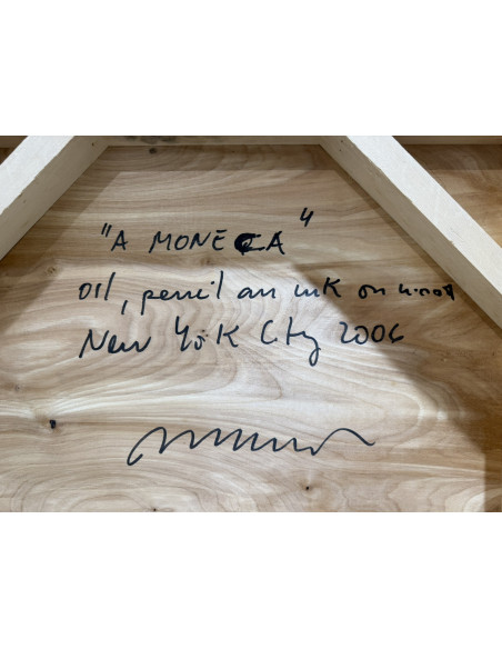 Murado, Antonio (Lugo, 1964). A MONECA. Oleo, lápiz e impresión sobre tabla.