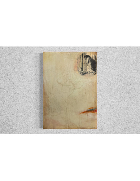 Murado, Antonio (Lugo, 1964). A MONECA. Oleo, lápiz e impresión sobre tabla.