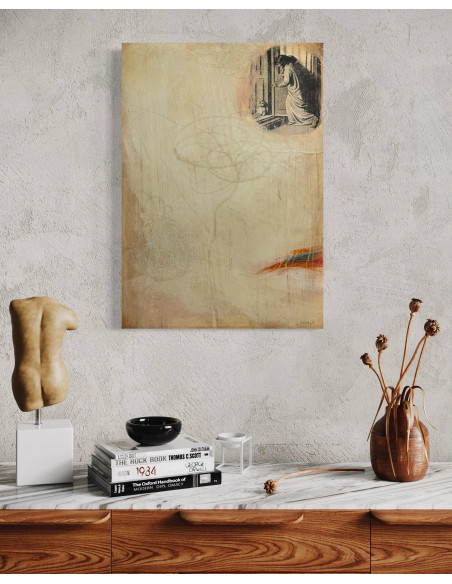 Murado, Antonio (Lugo, 1964). A MONECA. Oleo, lápiz e impresión sobre tabla.