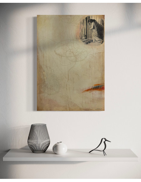 Murado, Antonio (Lugo, 1964). A MONECA. Oleo, lápiz e impresión sobre tabla.