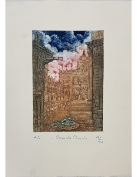 N. Rial. Praza das Praterias. Aguafuerte.