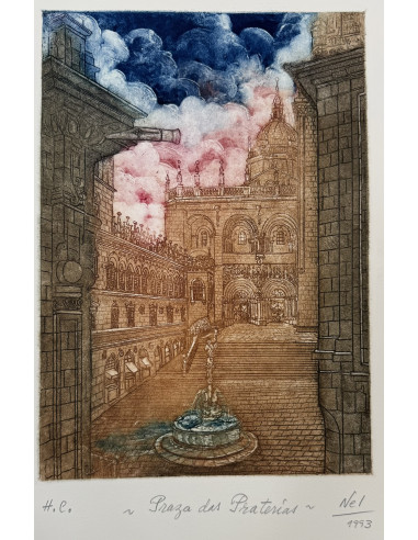 N. Rial. Praza das Praterias. Aguafuerte.