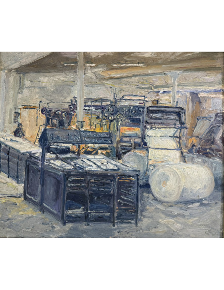 Manuel Santiago. Rotativas Correo Gallego. Óleo sobre tabla.