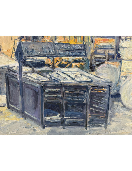 Manuel Santiago. Rotativas Correo Gallego. Óleo sobre tabla.