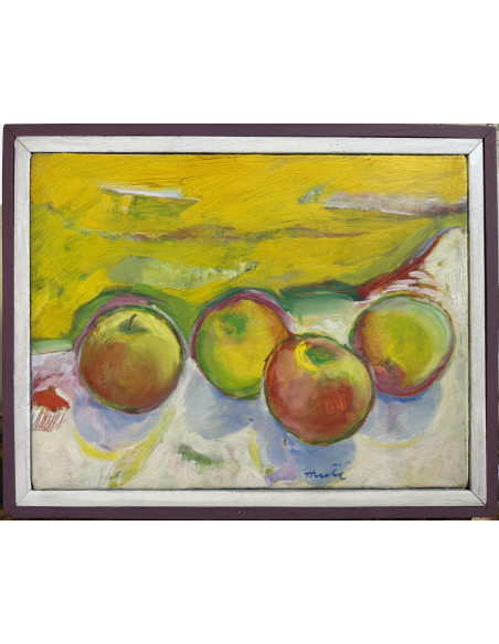 Anxel Huete (Ourense, 1944). Manzanas. Óleo sobre lienzo.