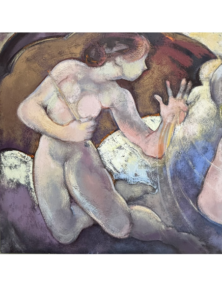 Criado, Felipe. (Gijón, Asturias, 1928 - A Coruña, 2013). Serie paraguas. Óleo sobre tabla.