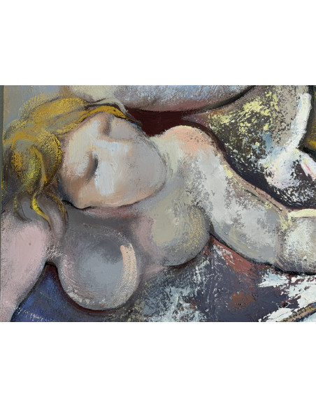 Criado, Felipe. (Gijón, Asturias, 1928 - A Coruña, 2013). Serie paraguas. Óleo sobre tabla.