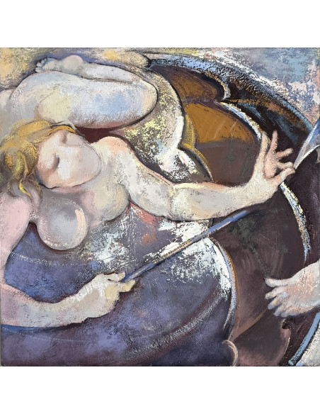Criado, Felipe. (Gijón, Asturias, 1928 - A Coruña, 2013). Serie paraguas. Óleo sobre tabla.