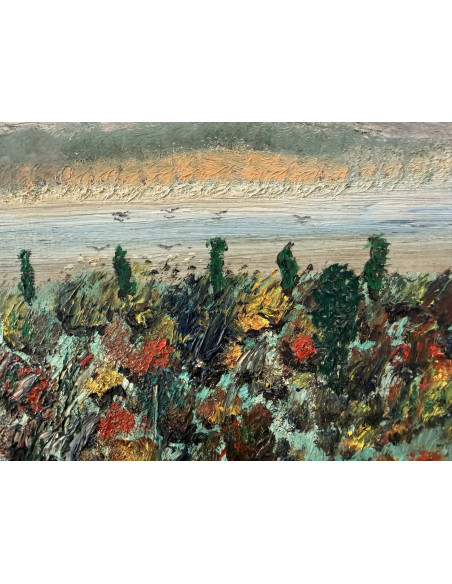 Nelson Zumel. (Baltar, Ourense 1928). Paisaje. Óleo sobre tabla.