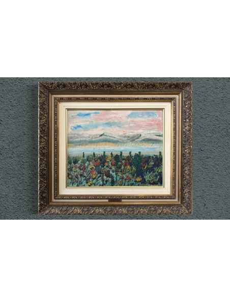 Nelson Zumel. (Baltar, Ourense 1928). Paisaje. Óleo sobre tabla.