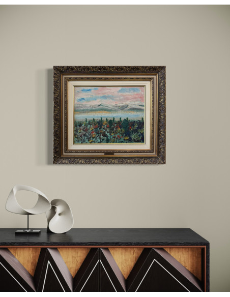 Nelson Zumel. (Baltar, Ourense 1928). Paisaje. Óleo sobre tabla.