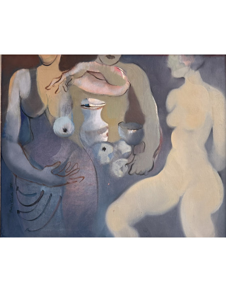 Criado, Felipe. (Gijón, Asturias, 1928 - A Coruña, 2013). Mujeres, Manzanas y Newton. Óleo sobre tabla.