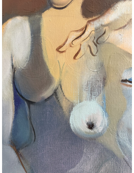 Criado, Felipe. (Gijón, Asturias, 1928 - A Coruña, 2013). Mujeres, Manzanas y Newton. Óleo sobre tabla.