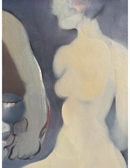 Criado, Felipe. (Gijón, Asturias, 1928 - A Coruña, 2013). Mujeres, Manzanas y Newton. Óleo sobre tabla.