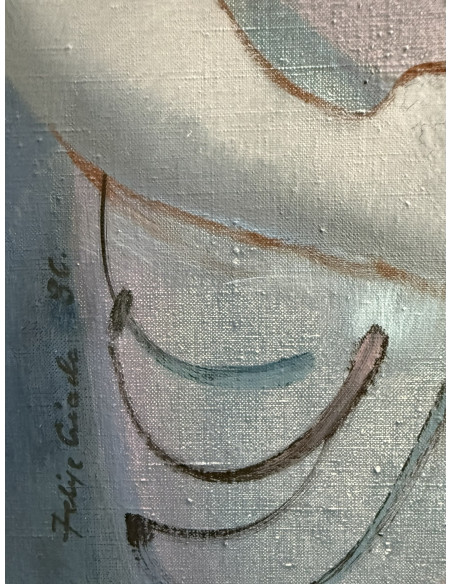 Criado, Felipe. (Gijón, Asturias, 1928 - A Coruña, 2013). Mujeres, Manzanas y Newton. Óleo sobre tabla.