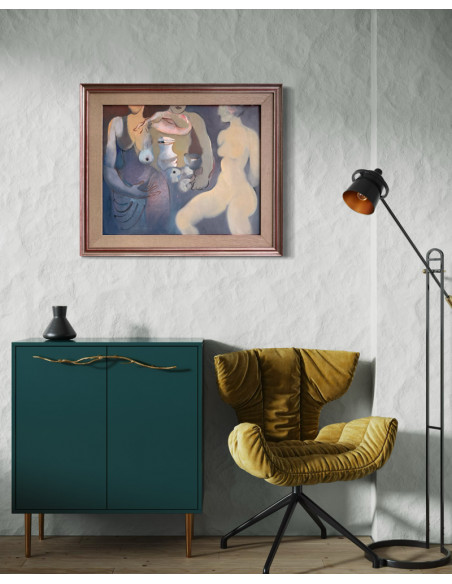 Criado, Felipe. (Gijón, Asturias, 1928 - A Coruña, 2013). Mujeres, Manzanas y Newton. Óleo sobre tabla.
