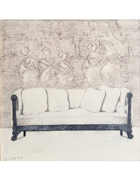 Elena Gago (A Coruña 1940 - 2011). Interior. Técnica mixta sobre tabla