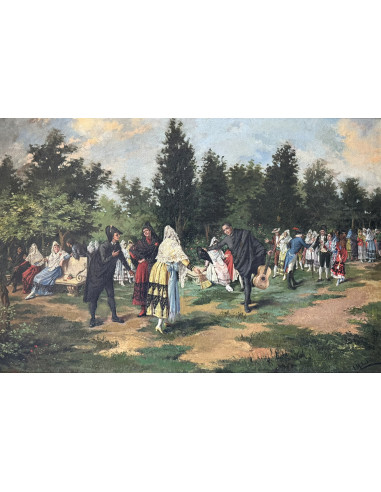 Gerardo Meléndez y Conejo (Orense 1856 - Activo en 1905). Fiesta en el parque. Óleo sobre lienzo.