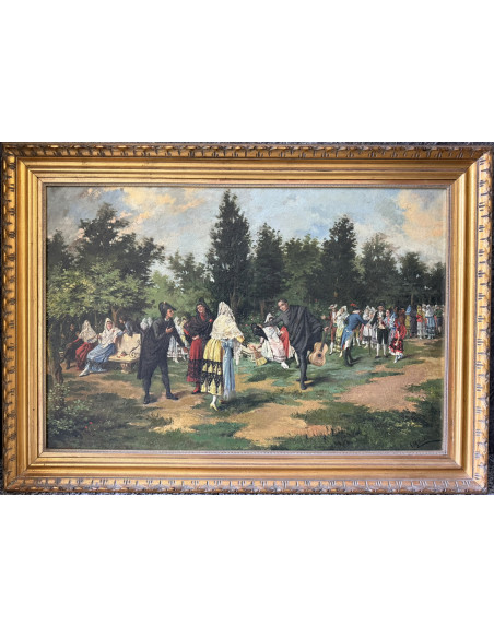 Gerardo Meléndez y Conejo (Orense 1856 - Activo en 1905). Fiesta en el parque. Óleo sobre lienzo.