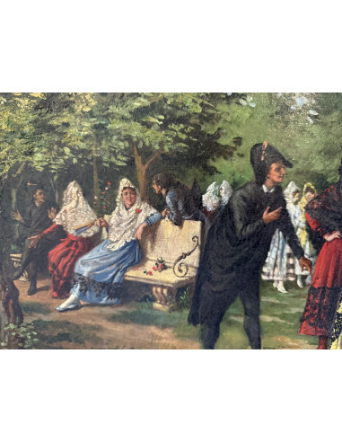 Gerardo Meléndez y Conejo (Orense 1856 - Activo en 1905). Fiesta en el parque. Óleo sobre lienzo.