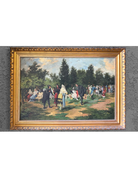 Gerardo Meléndez y Conejo (Orense 1856 - Activo en 1905). Fiesta en el parque. Óleo sobre lienzo.