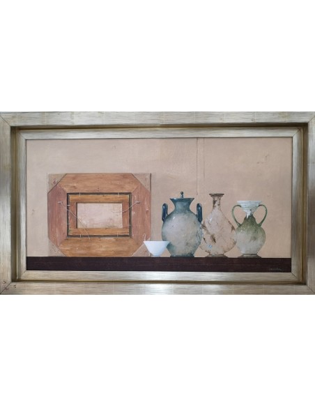 Garaizábal, Javier. (Ferrol, A Coruña, 1944). Bodegón. Óleo sobre tabla.