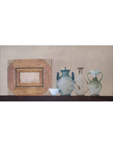 Garaizábal, Javier. (Ferrol, A Coruña, 1944). Bodegón. Óleo sobre tabla.