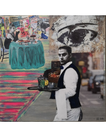Monica Coto. Desayuno en la ciudad. Collage sobre tabla.