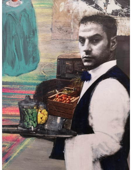 Monica Coto. Desayuno en la ciudad. Collage sobre tabla.