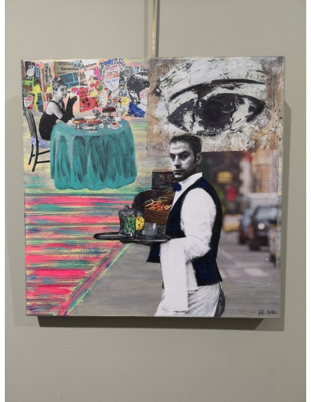 Monica Coto. Desayuno en la ciudad. Collage sobre tabla.