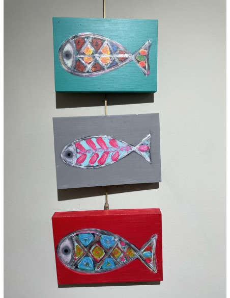 Mónica Coto. Peces de la mar salada. Acrílico sobre tabla.